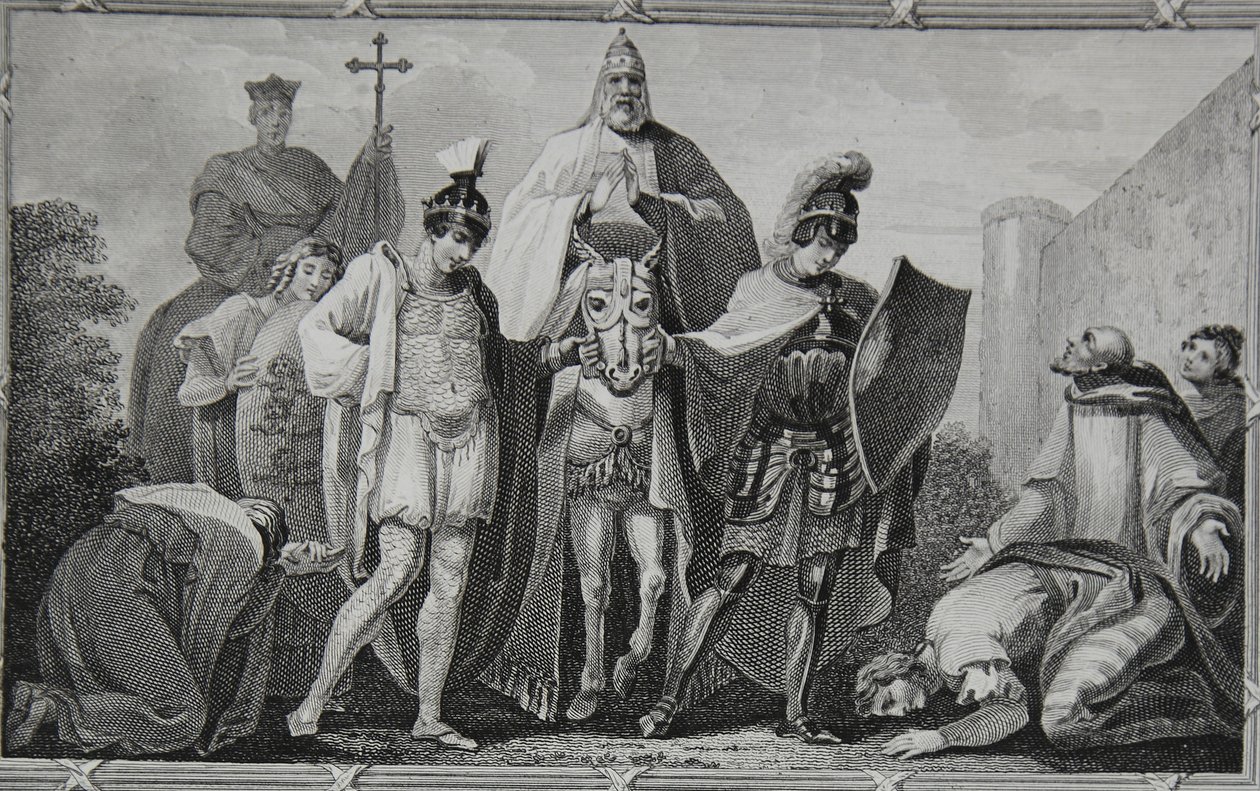 Henry en Lewis begeleiden de paus naar het kasteel van Torci, gegraveerd door Saunders, illustratie uit David Hume