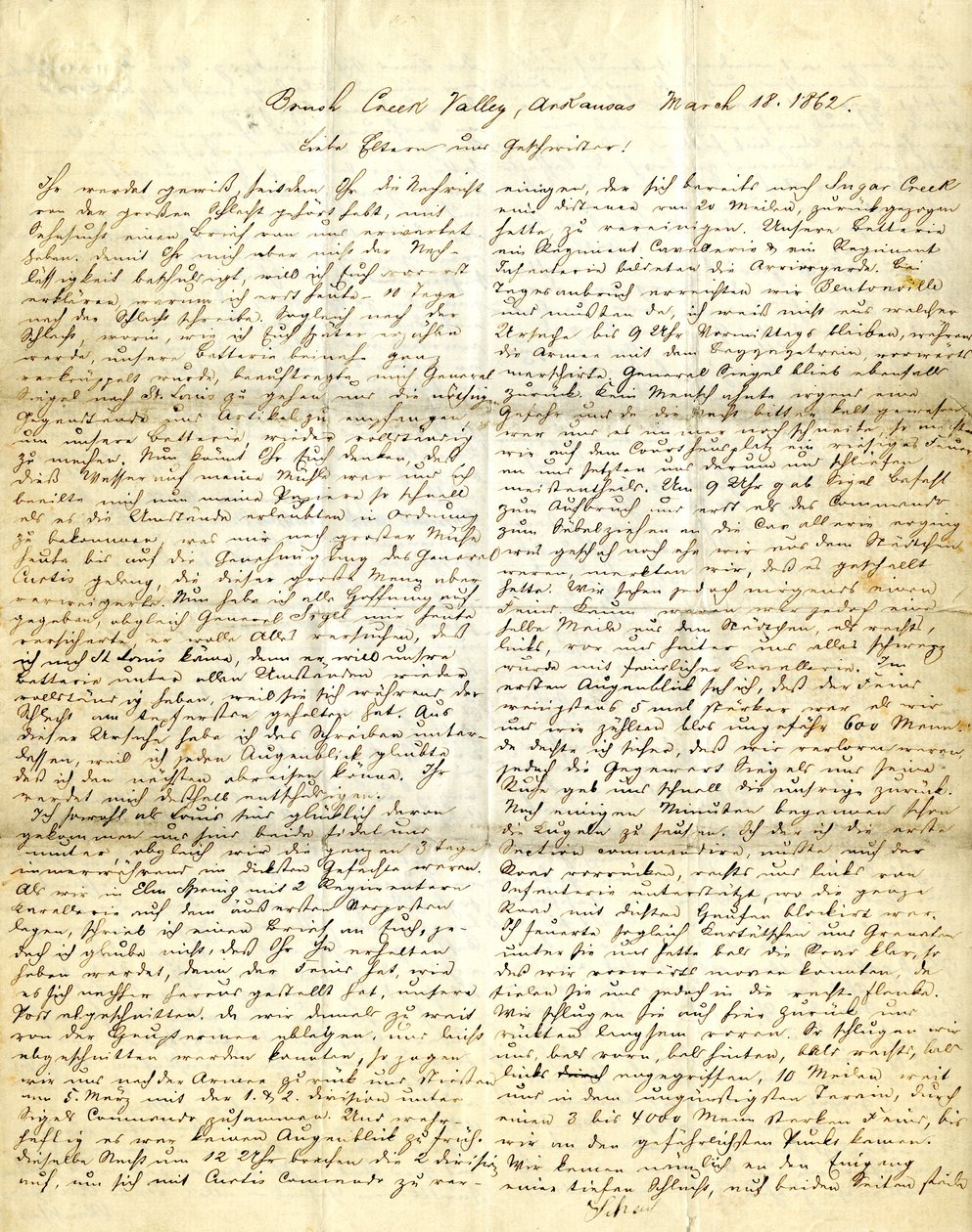 Brief ondertekend Henry [Henry Voelkner], Brush Creek Valley, Arkansas, aan zijn ouders, broers en zussen, 18 maart 1862 door Henry Voelkner