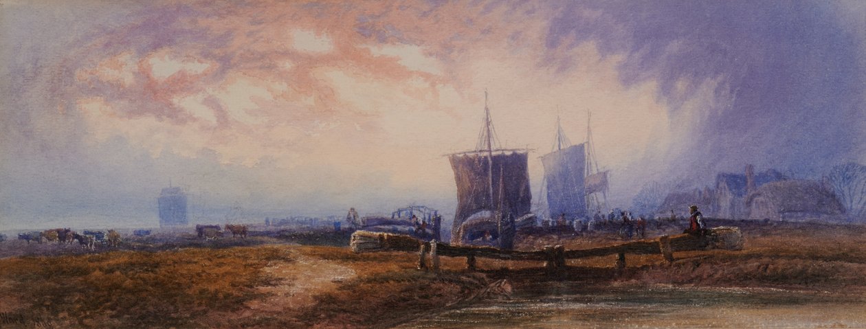 Kanaalscène met sluizen door Henry Ward
