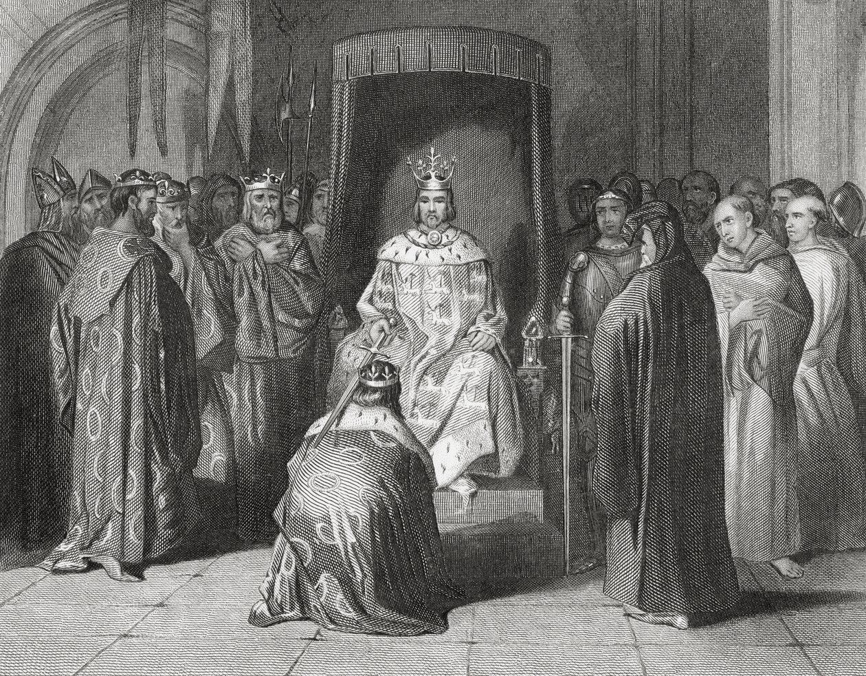 Koning Richard II die de koningen van Connaught, Ulster, Thomond en Leinster in 1394 tot ridder slaat, 