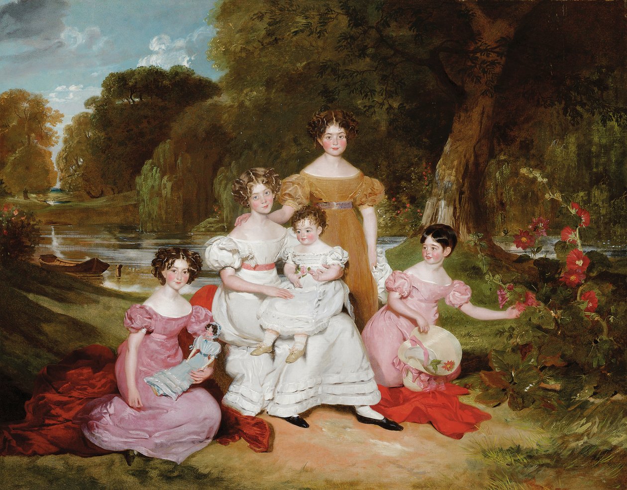 Groepsportret van de familie Ward Hunt in een landschap voor een rivier door Henry Wyatt