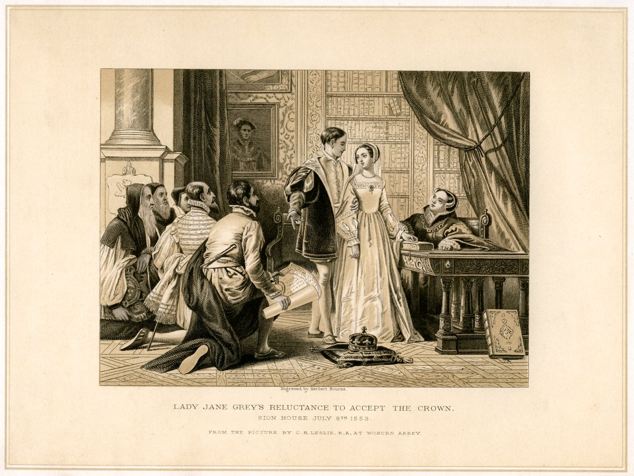Lady Jane Greys terughoudendheid om de kroon te accepteren, 19e eeuw door Herbert Bourne