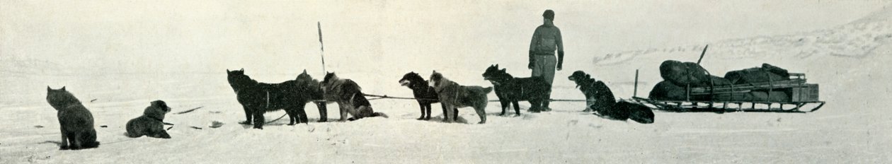Honden met Voorraad die Hutpunt Verlaten, ca. 1911, 1913 door Herbert Ponting
