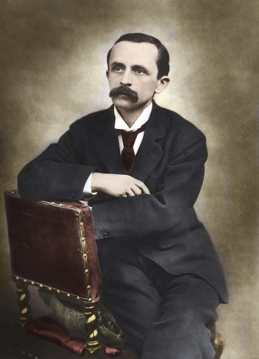 Portret van J.M.Barrie gefotografeerd door Barraud in 1893 - James Matthew Barrie (1860-1937), Schotse schrijver, bedenker van Peter Pan - Gekleurde foto door Herbert Rose Barraud