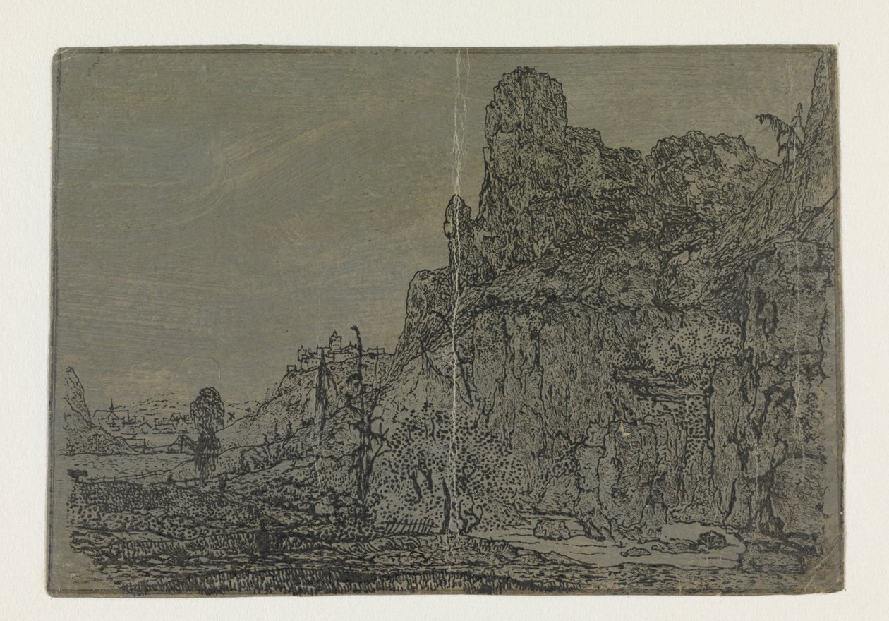 Landschap met een steile klif (kleine versie) door Hercules Segers