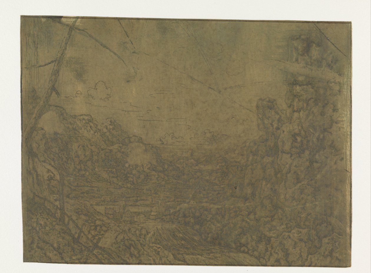 Landschap met een waterval, eerste versie door Hercules Segers