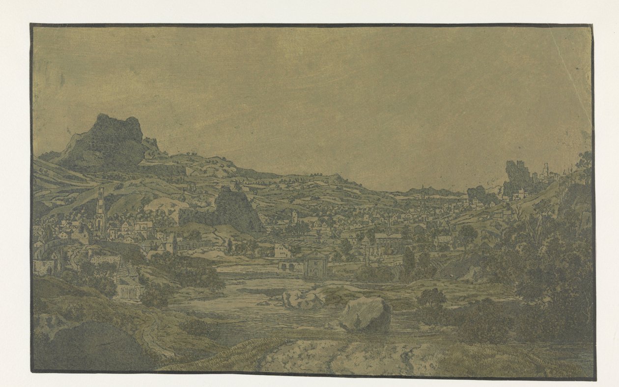 Vallei met een rivier en een stad met vier torens door Hercules Segers