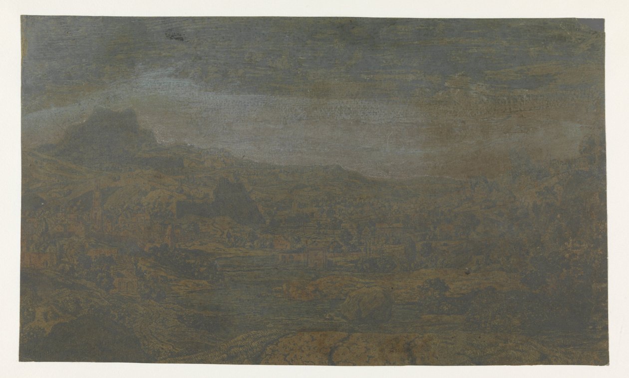 Vallei met een rivier en een stad met vier torens door Hercules Segers