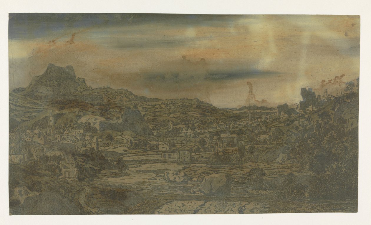Vallei met een rivier en een stad met vier torens door Hercules Segers