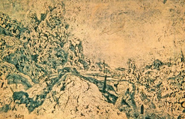 Rotsachtig landschap met toren in de verte (inkt op papier) door Hercules Seghers