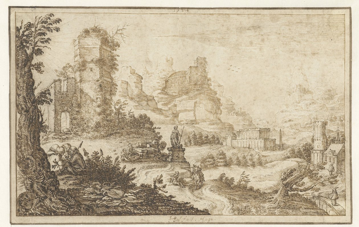 Landschap met ruïnes en een standbeeld door Herman Breckerveld