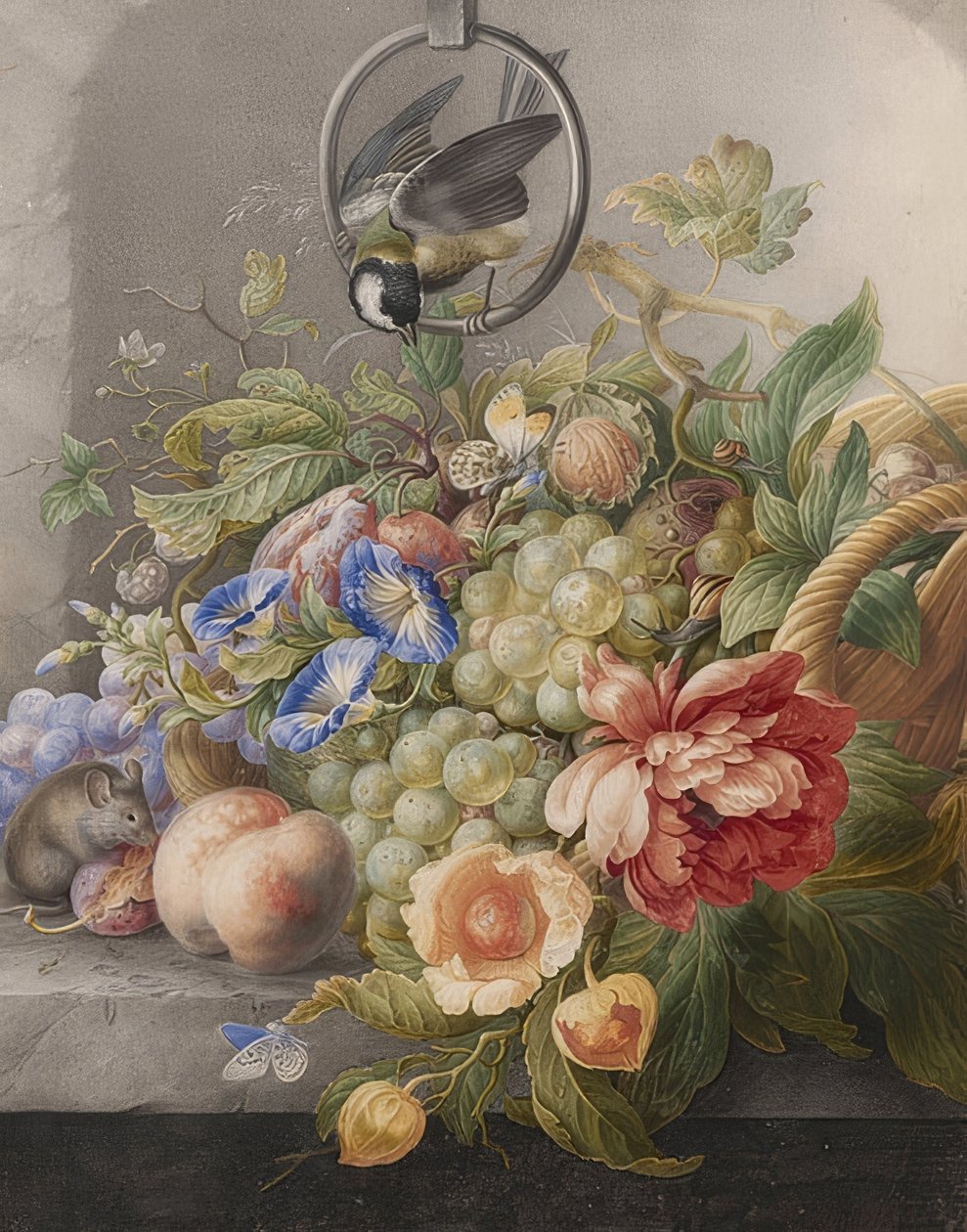 Bloemenstilleven, vruchten, een koolmees en een muis. Circa 1700-10 door Herman Henstenburgh