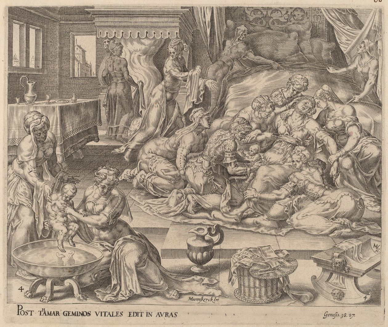 Geboorte van Peres en Zerah door Herman Jansz Muller after Maerten van Heemskerck
