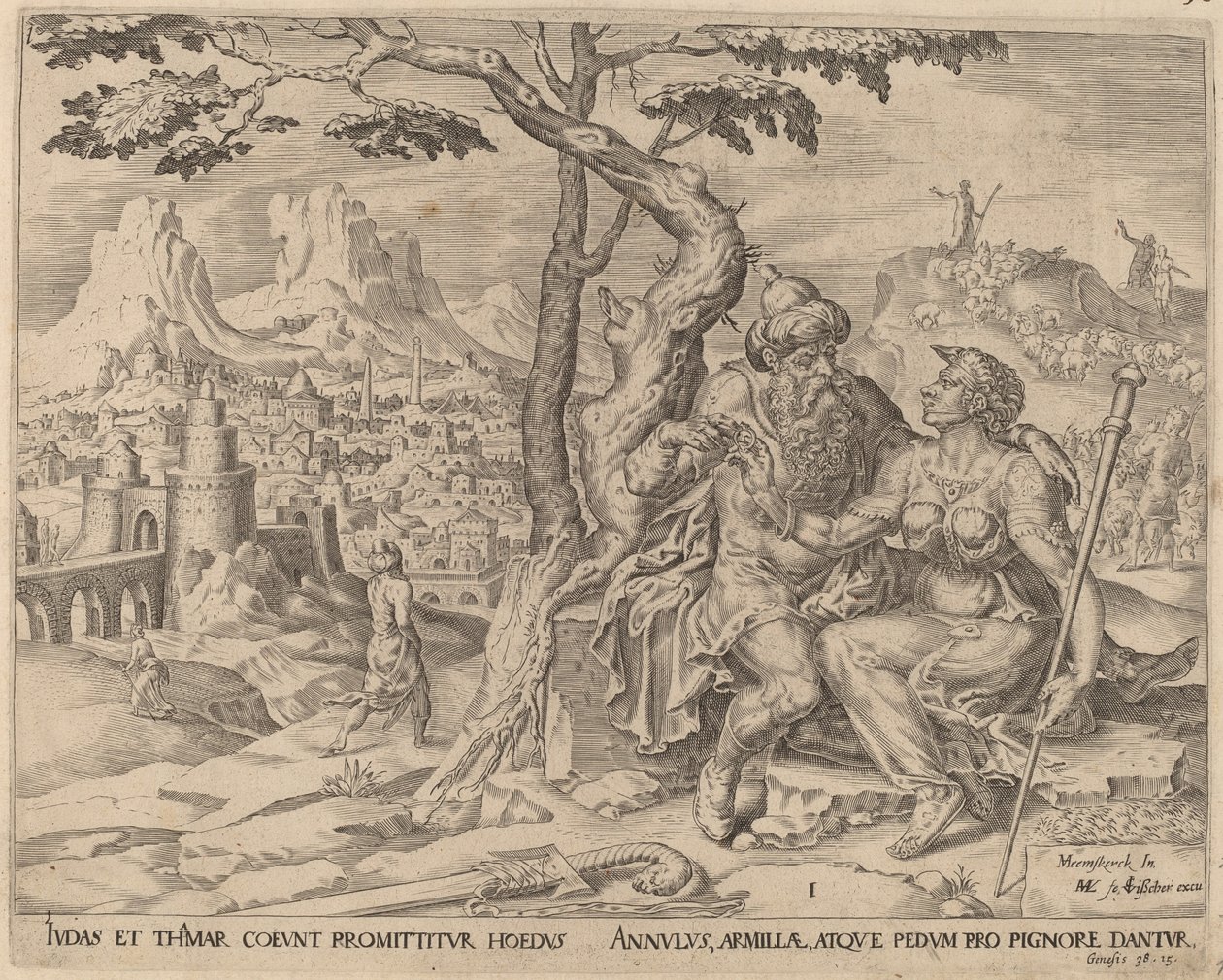 Juda geeft Tamar de belofte door Herman Jansz Muller after Maerten van Heemskerck