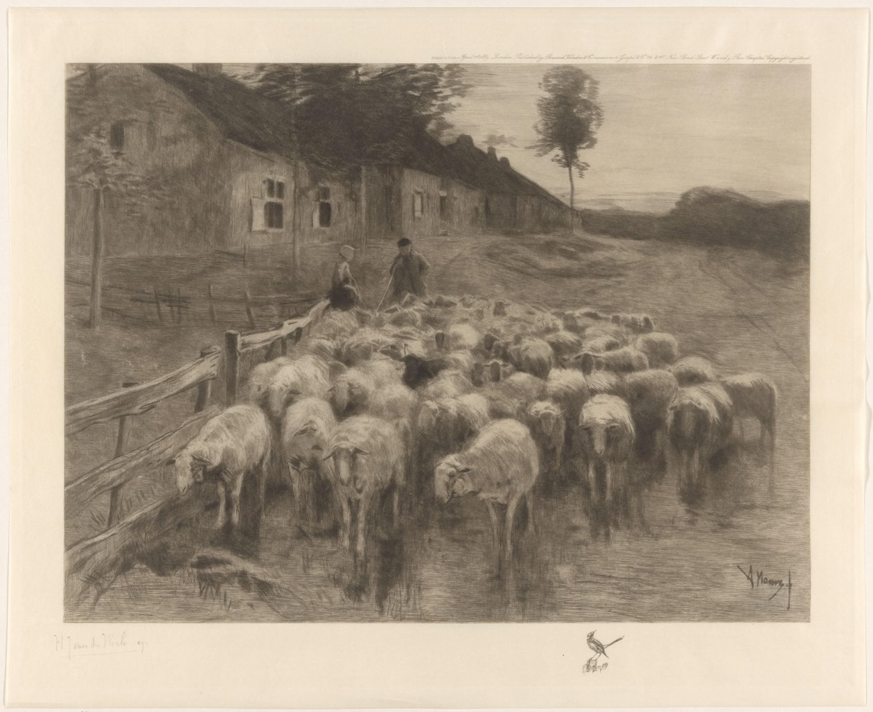 Herder en een vrouw bij een schaapskudde door Herman Johannes van der Weele (signed by artist)