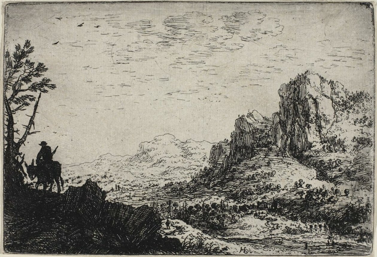 Een reiziger op een ezel, uit Zes landschappen door Herman Saftleven