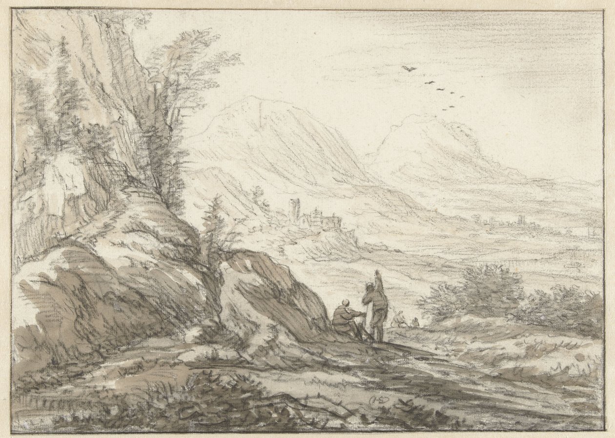 Berglandschap met gezicht op een dal door Herman Saftleven