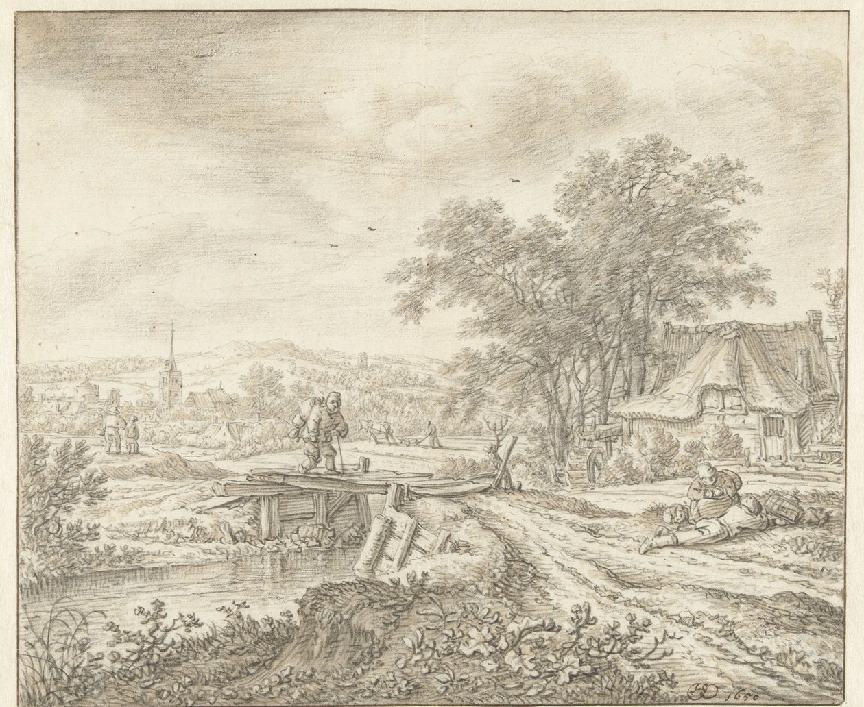 Heuvellandschap met een boerderij bij een bruggetje door Herman Saftleven