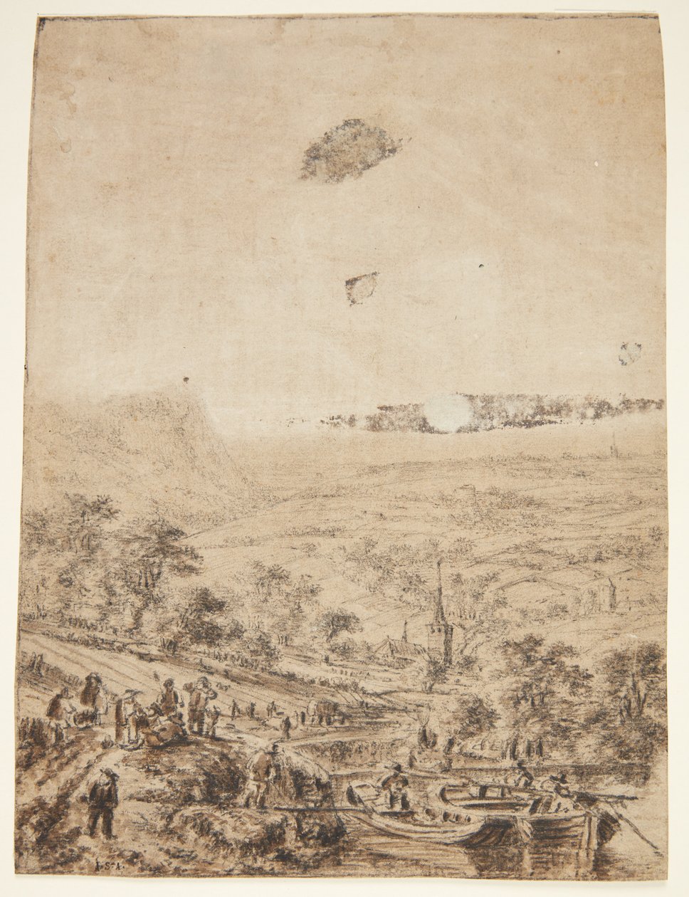 Panoramisch Landschap met Boeren, Vissers en een Dorpskerk door Herman Saftleven