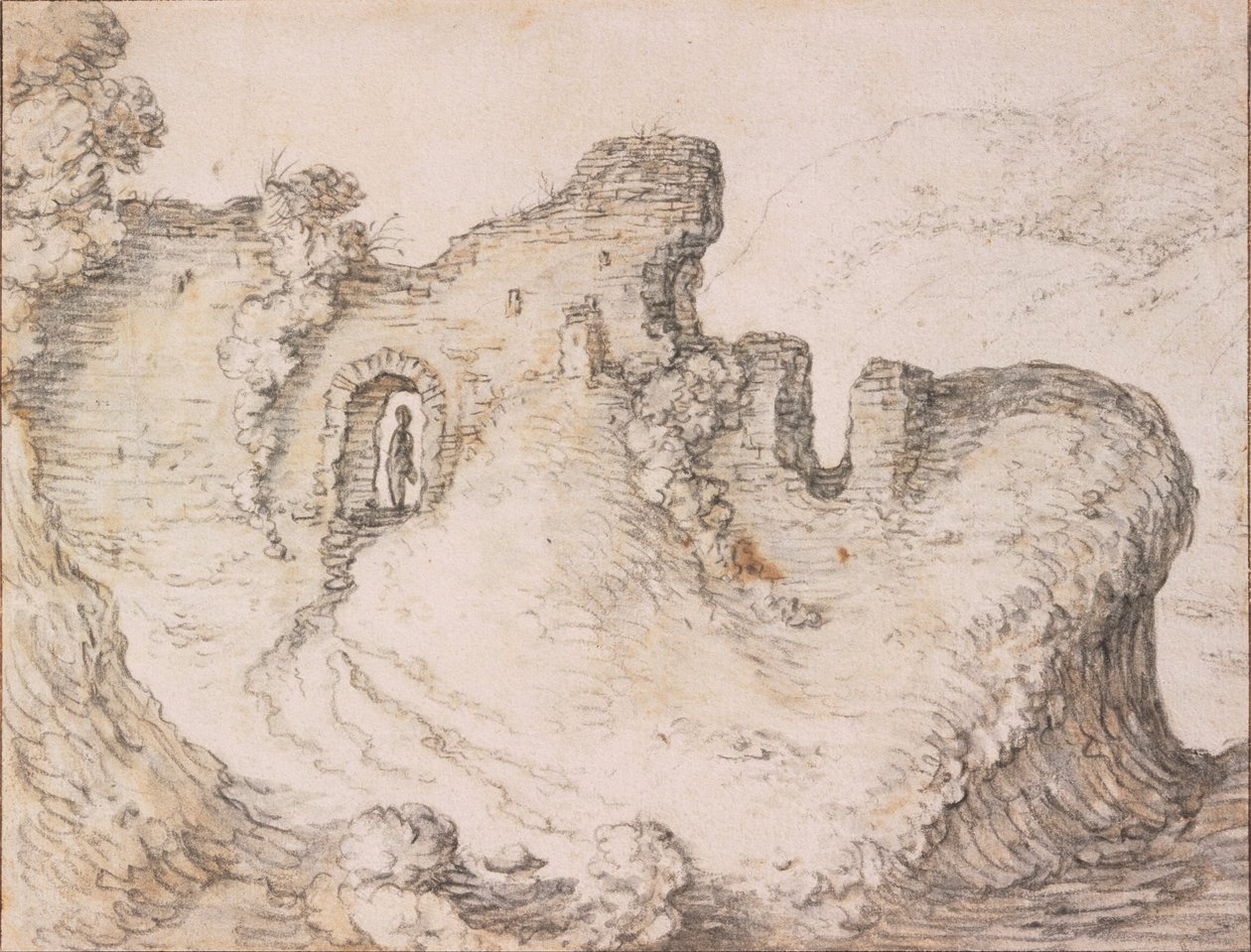 Rotsachtig landschap met ruïnes, vormend het profiel van een mannengezicht door Herman Saftleven
