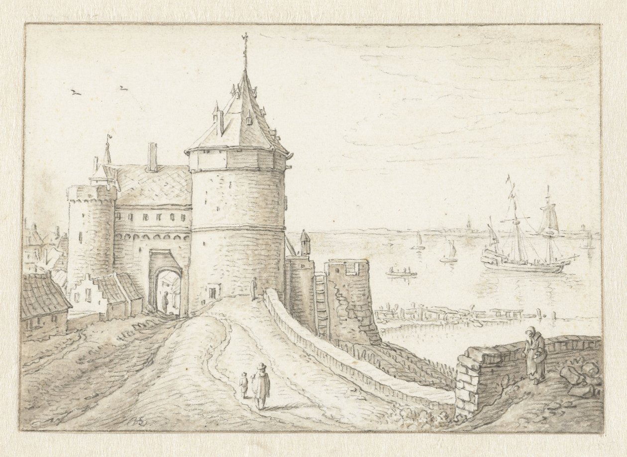 Stadspoort met uitzicht op zee door Herman Saftleven