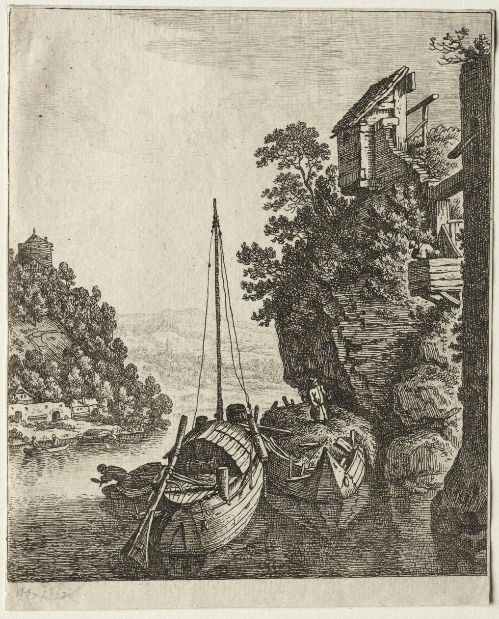 Twee boten aangemeerd onder een rots, 1667 door Herman Saftleven