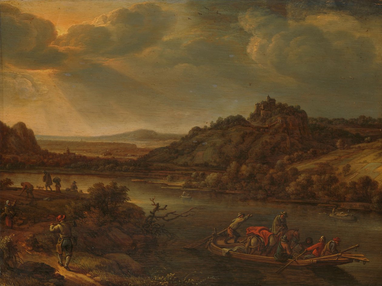 Rivierzicht met veerboot door Herman the Younger Saftleven