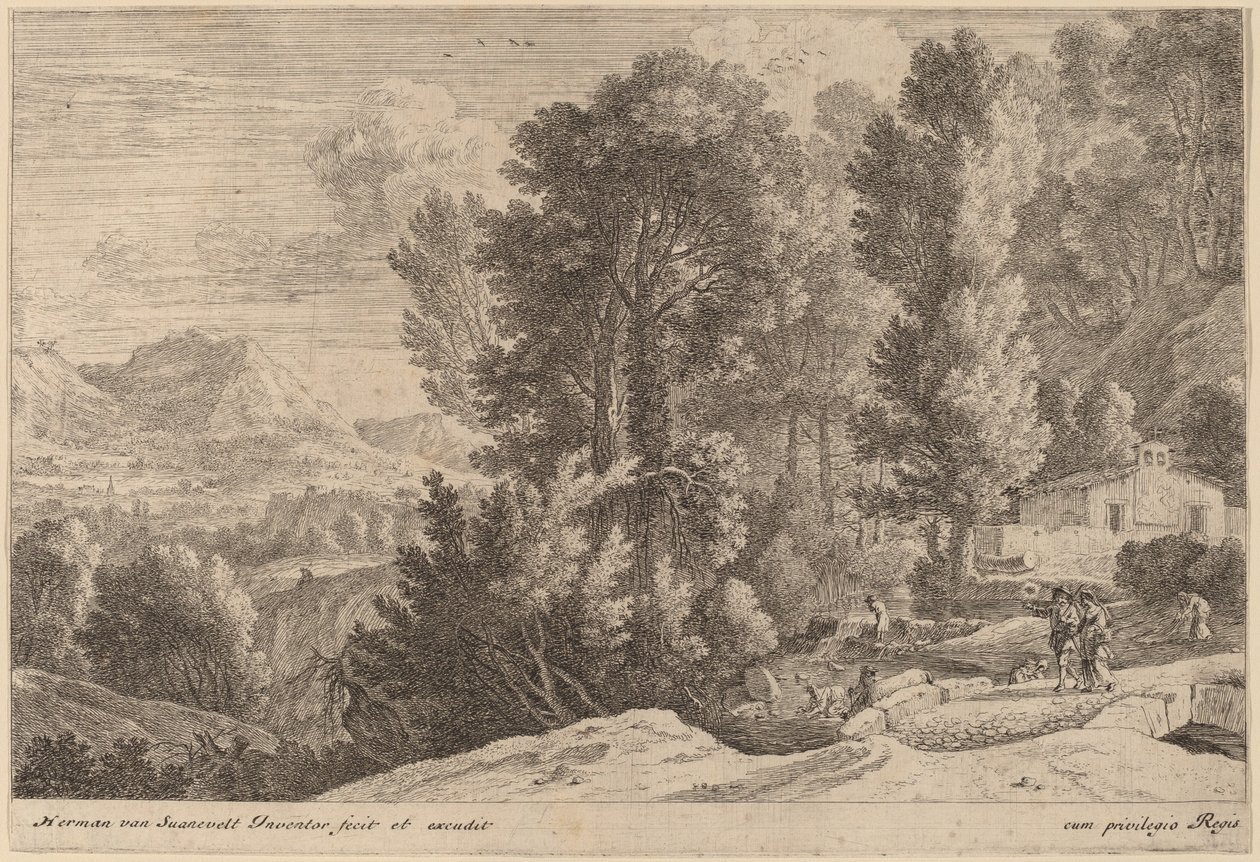 Landschap met wasvrouwen door Herman van Swanevelt