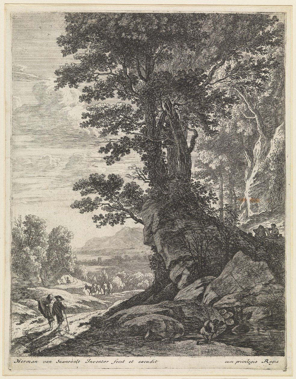 Landschap met schilders aan de voet van een boompartij door Herman van Swanevelt