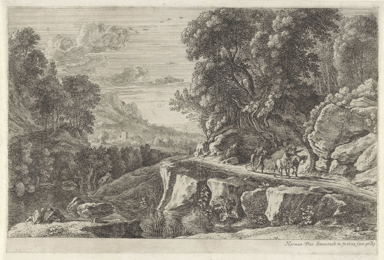 Landschap met twee ruiters door Herman van Swanevelt