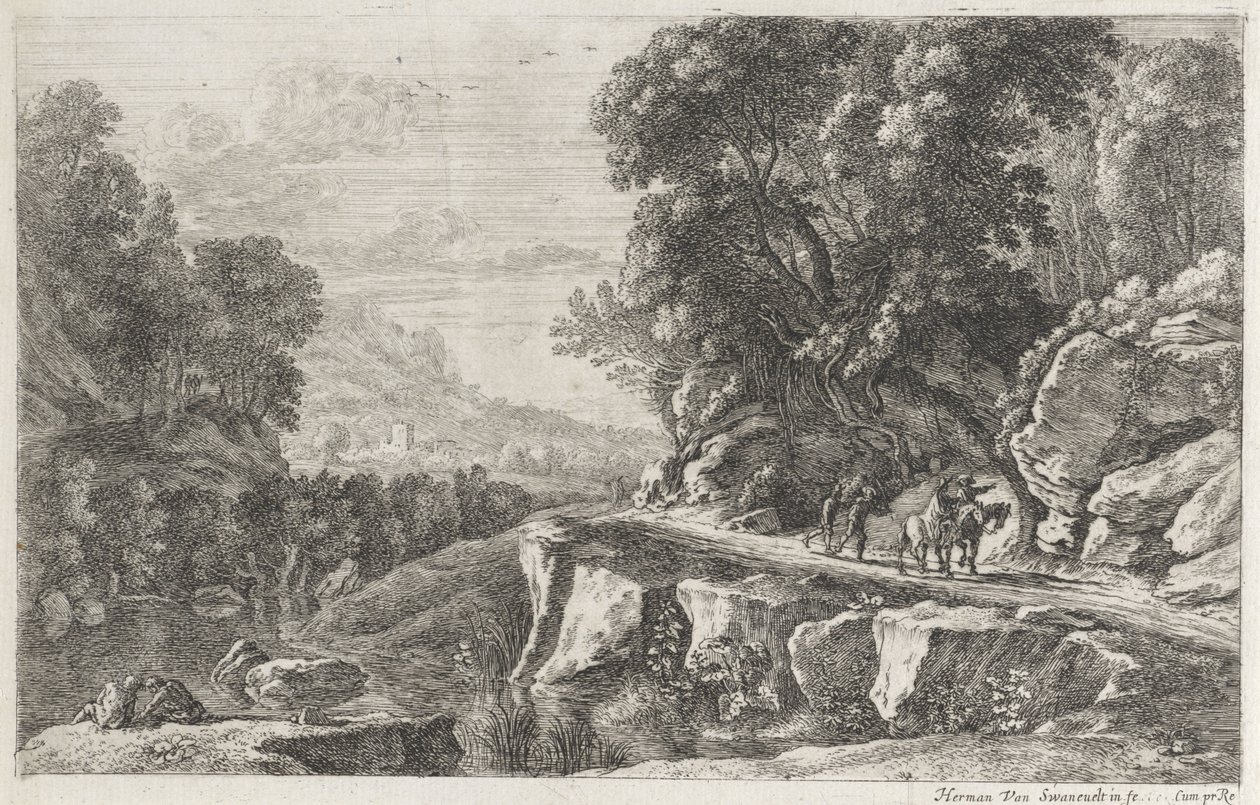 Landschap met twee ruiters door Herman van Swanevelt