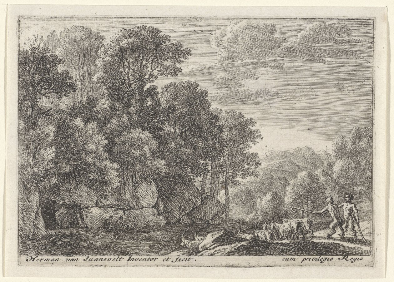 Twee saters met een kudde geiten Landschappen met saters (series title) door Herman van Swanevelt