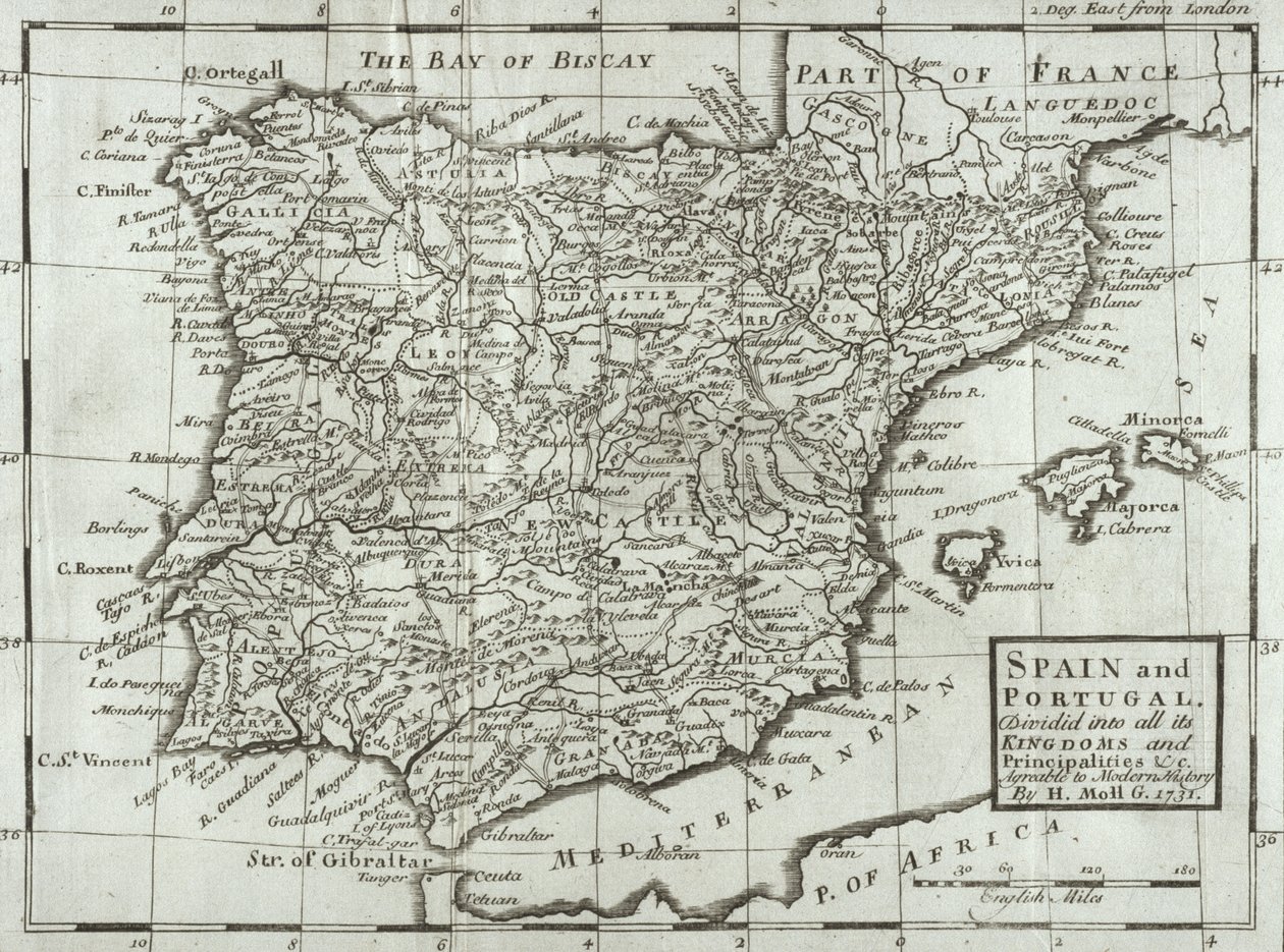 Kaart van Spanje en Portugal, 1731 door Hermann Moll