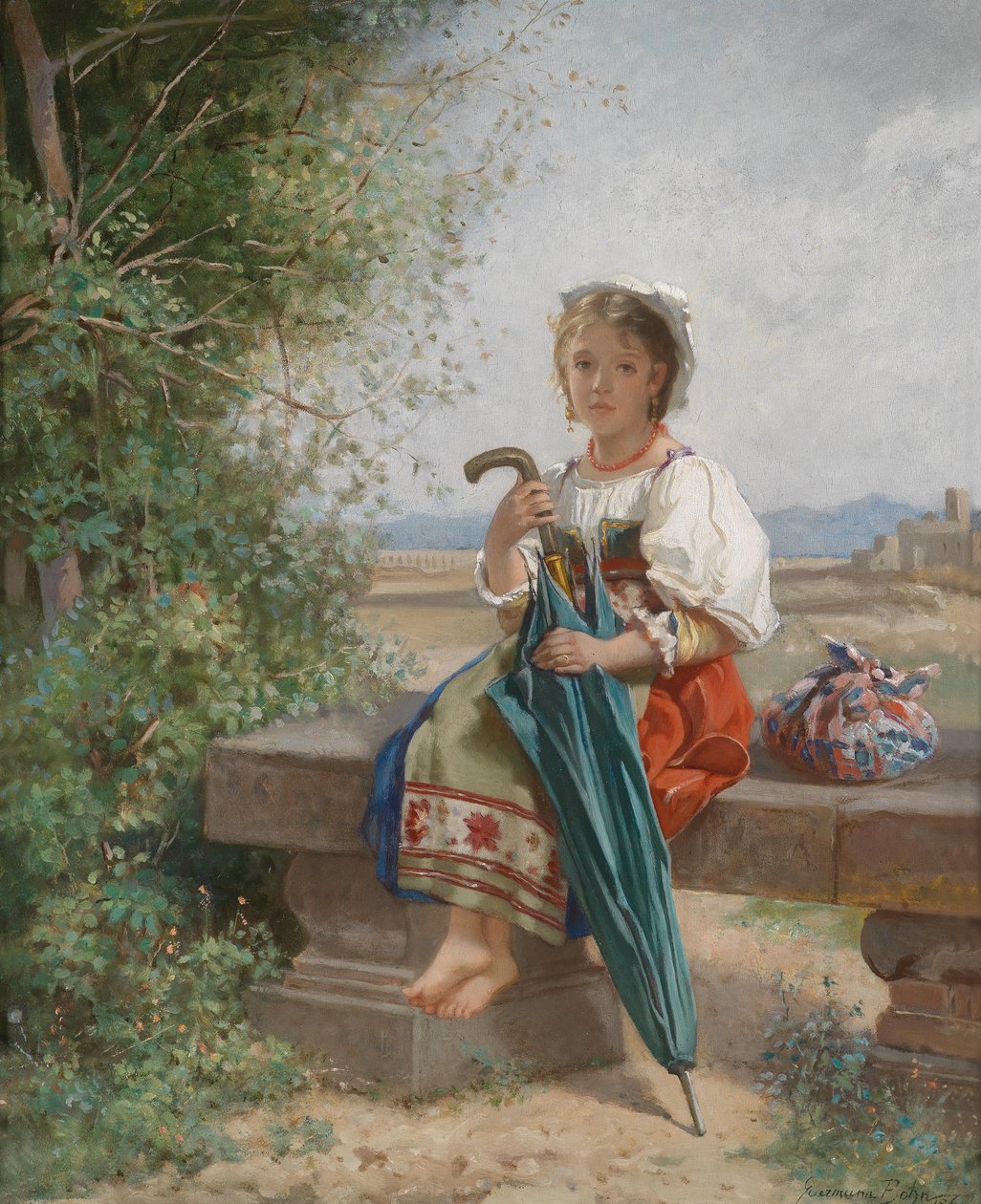 Romeins meisje rustend in Campagnalandschap door Hermann von Bohn