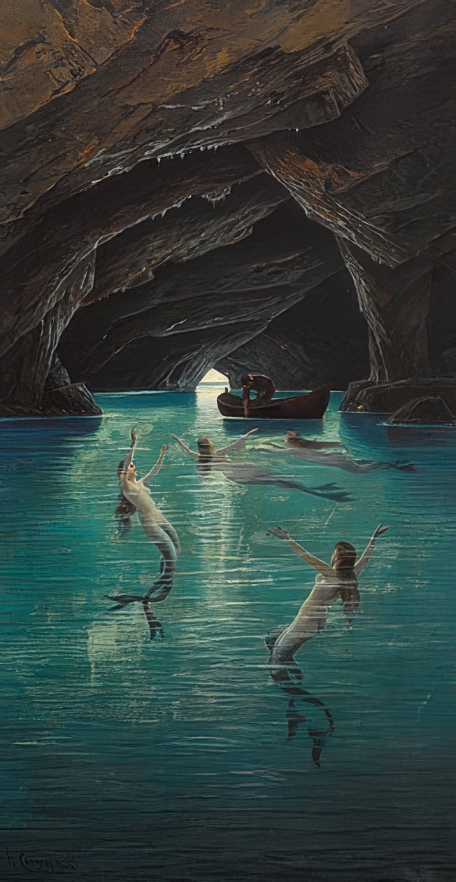 Een visser en zeemeerminnen in de Blauwe Grot op Capri door Hermann David Salomon Corrodi