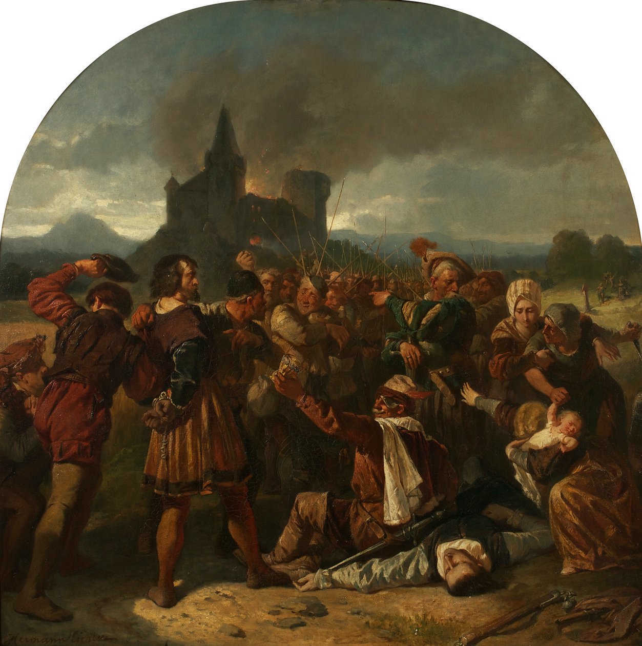 Episode uit de Duitse Boerenoorlog (Graaf Helfenstein aan de voet van zijn brandende kasteel, bespot door boeren) door Hermann Eichler