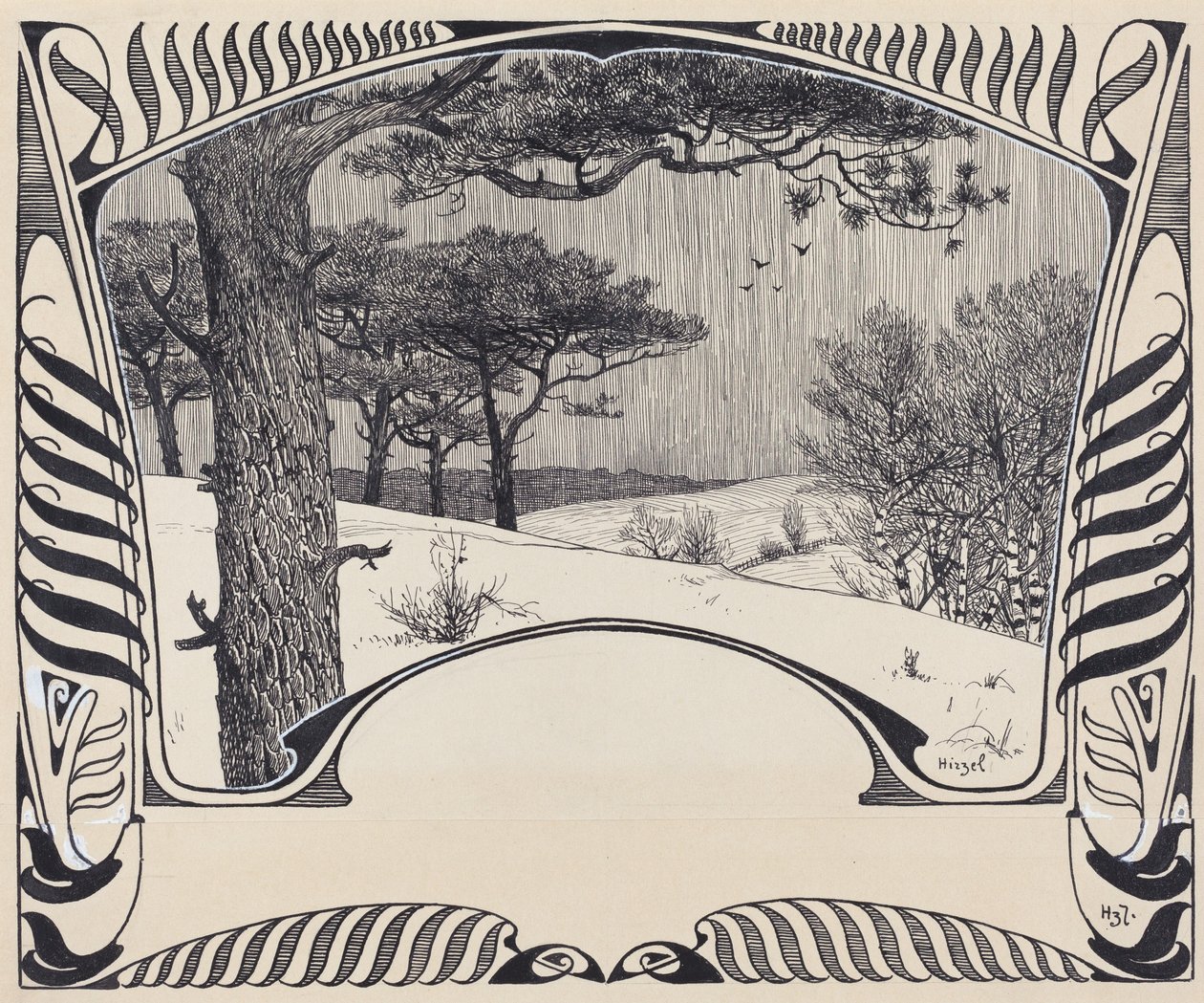 Een Winterlandschap Binnen een Jugendstil Rand door Hermann Hirzel