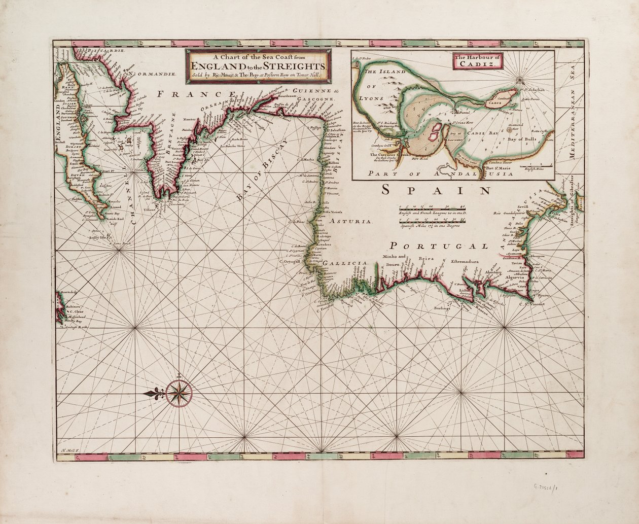 Een kaart van de kust van Engeland tot de Straat door Hermann Moll