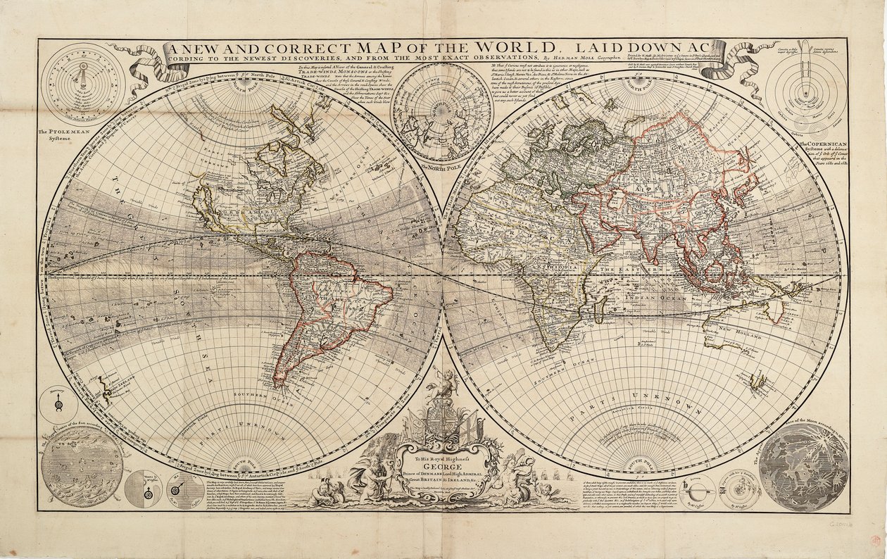 Een nieuwe en correcte kaart van de wereld, opgesteld volgens de nieuwste ontdekkingen en de meest exacte observaties, door Herman Moll, Geograaf door Hermann Moll