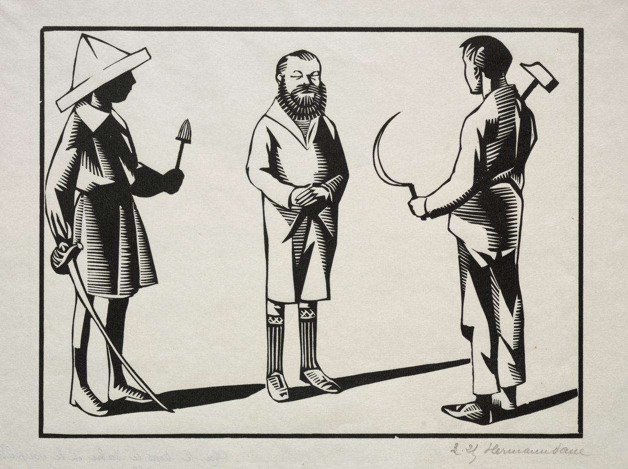 Moi! Ik houd het zwaard en de wijwaterkwast vast; jij de sikkel, de hamer en het pastel. Dat is de baard. door Hermann Paul