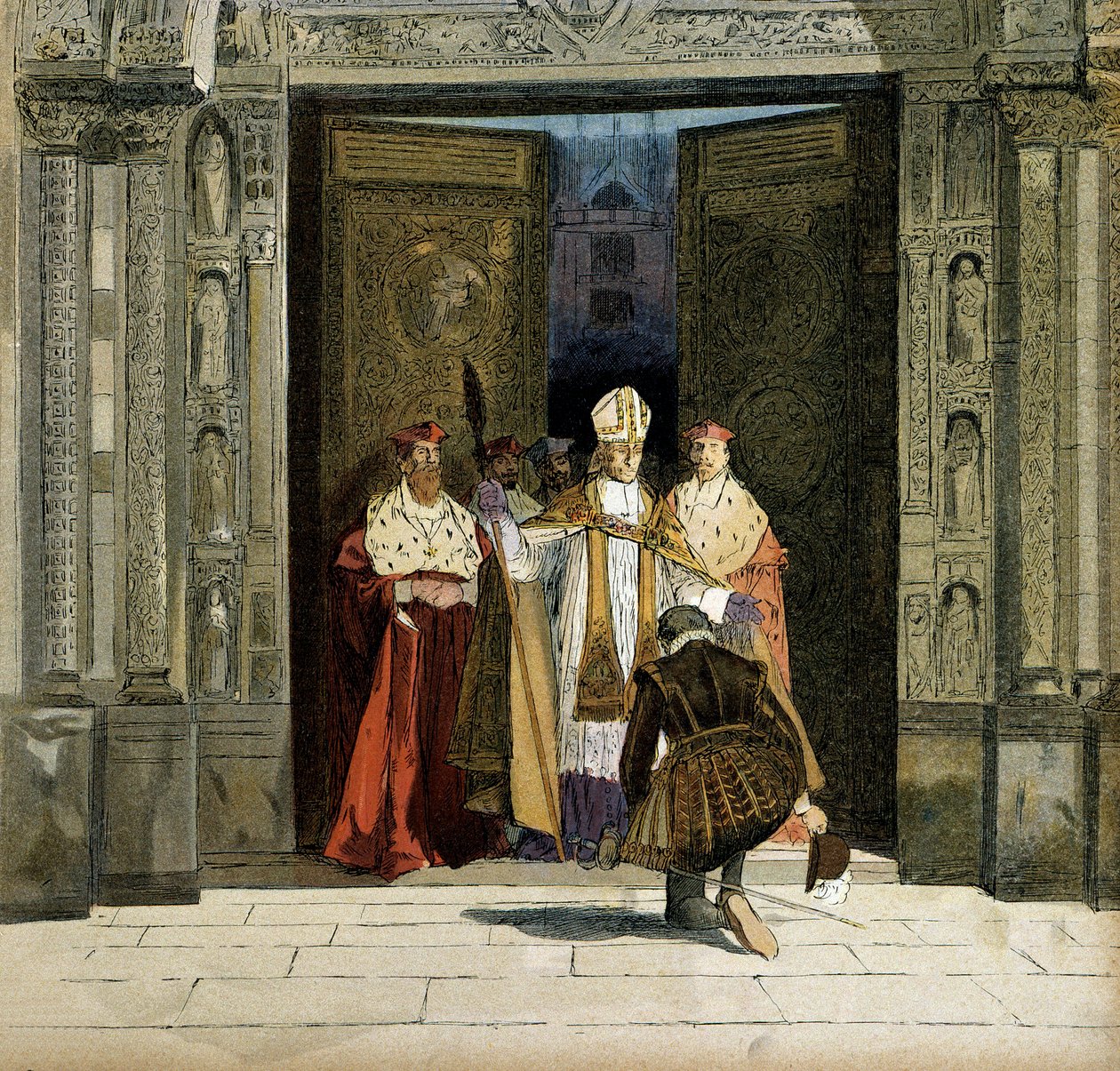 Afzwering van Hendrik IV (1553-1610) in de abdij van Saint Denis in aanwezigheid van de aartsbisschop van Bourges, Renaud de Beaune (1527-1606) door Hermann Vogel