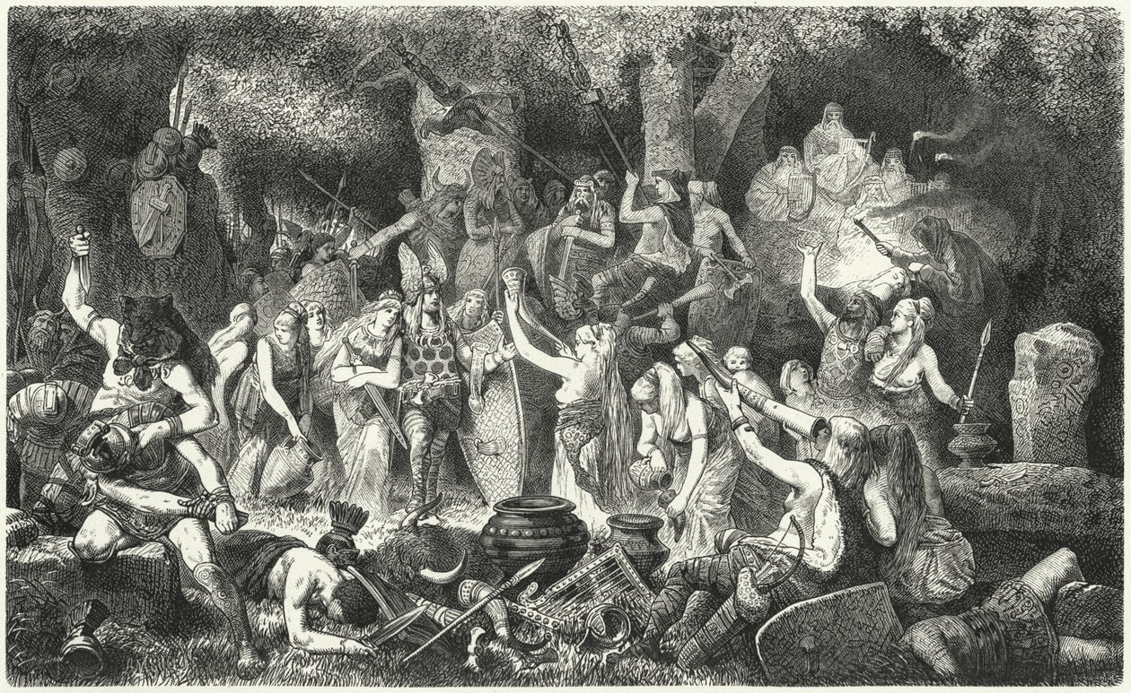 Germaanse krijgers vieren een overwinning op de Romeinen (gravure) door Hermann Vogel