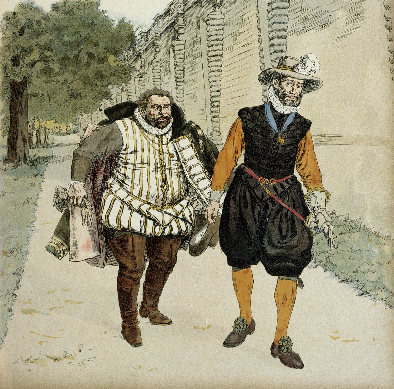 Henri IV (1553-1610) en Charles de Lorraine, hertog van Mayenne (1554-1611). Eerste verzoeningsgesprek tussen de twee vijanden, Mayenne, leider van de Ligueurs en de koning, in de tuinen van het kasteel van Montceaux, in de Brie, in 1596 door Hermann Vogel