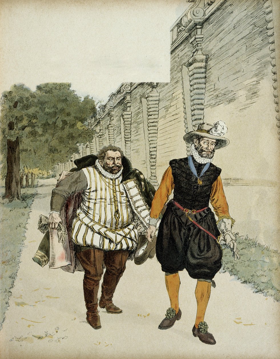 Hendrik IV (1553-1610) en Charles de Lorraine, hertog van Mayenne (1554-1611). Eerste verzoeningsgesprek tussen de twee vijanden, Mayenne, leider van de Ligueurs en de koning, in de tuinen van het kasteel van Montceaux, in de Brie, in 1596. Illustratie door Hermann Vogel