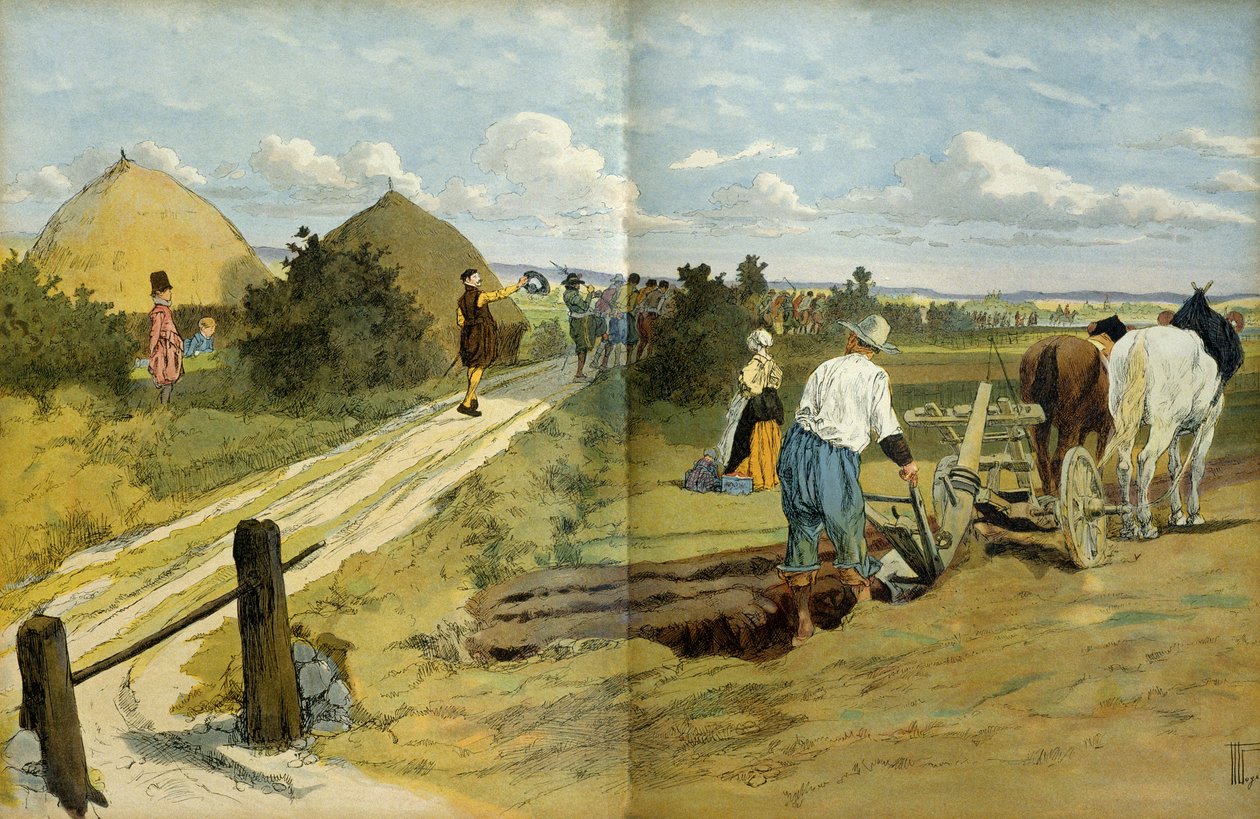 Boeren zagen de passage van plunderaars en rovers gevangen door het koninklijke leger van Hendrik IV. Illustratie door Hermann Vogel