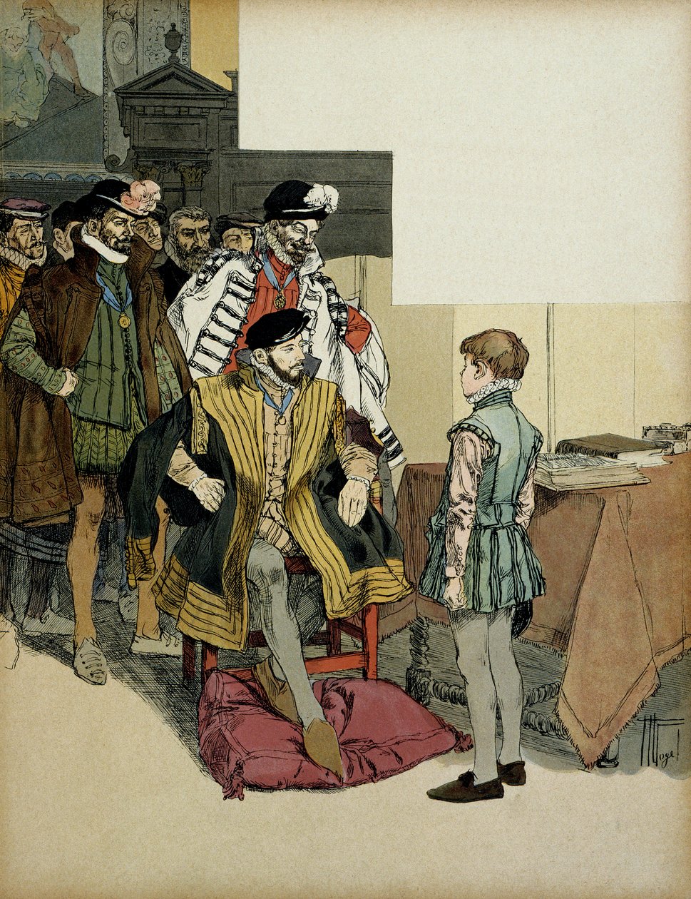 De koning van Frankrijk Hendrik II (1519-1559) omringd door zijn heren houdt ervan om Hendrik IV (1553-1610) als kind te ondervragen over zijn antwoorden. Illustratie door Hermann Vogel (1856-1918) in 