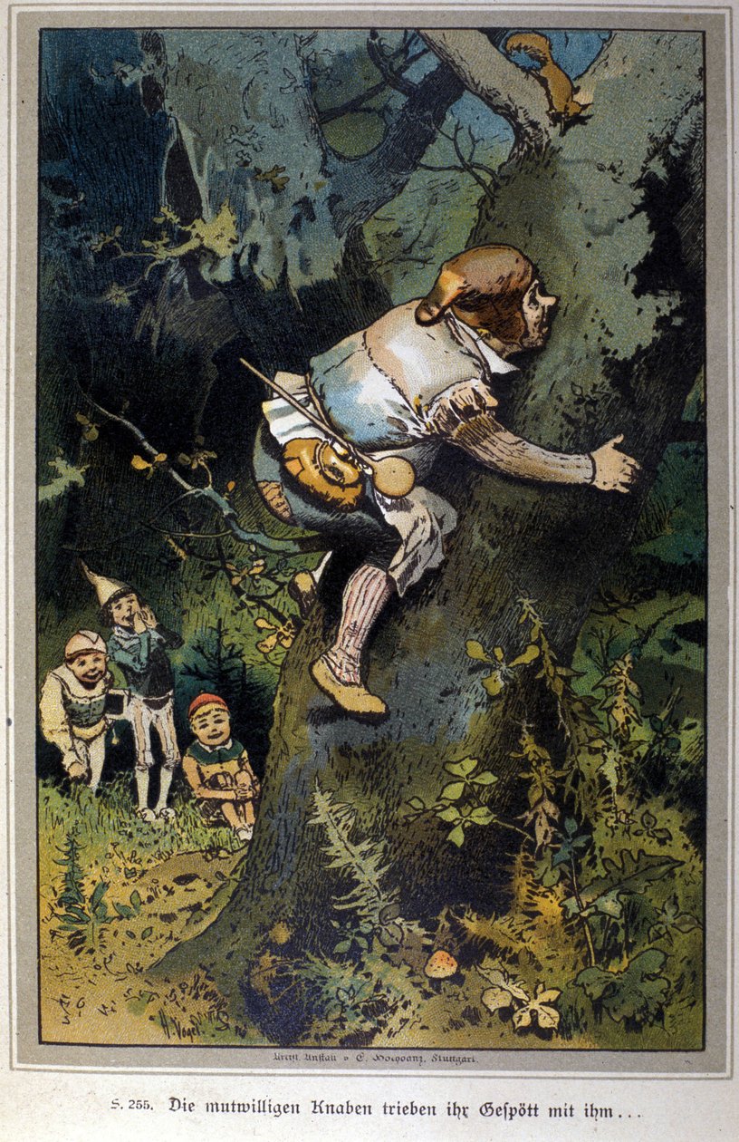 De gedurfde jongen was het mikpunt van spot. Verhaal van de gebroeders Jacob Grimm (1785-1863) en Wilhelm Grimm (1786-1859). Illustratie van Vogel. door Hermann Vogel