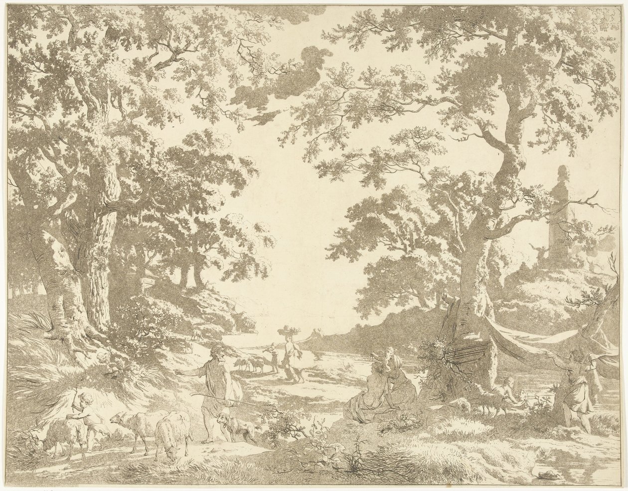 Arcadisch landschap met Janusbeeld door Hermanus Fock