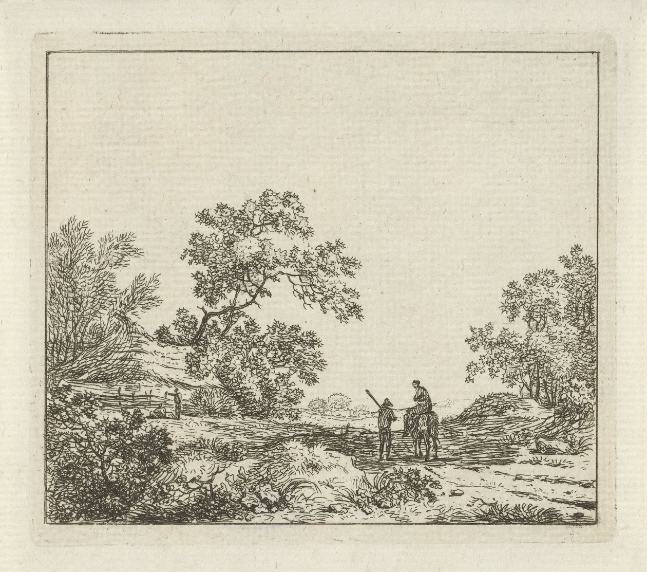 Landschap met man te voet en vrouw te paard door Hermanus Fock
