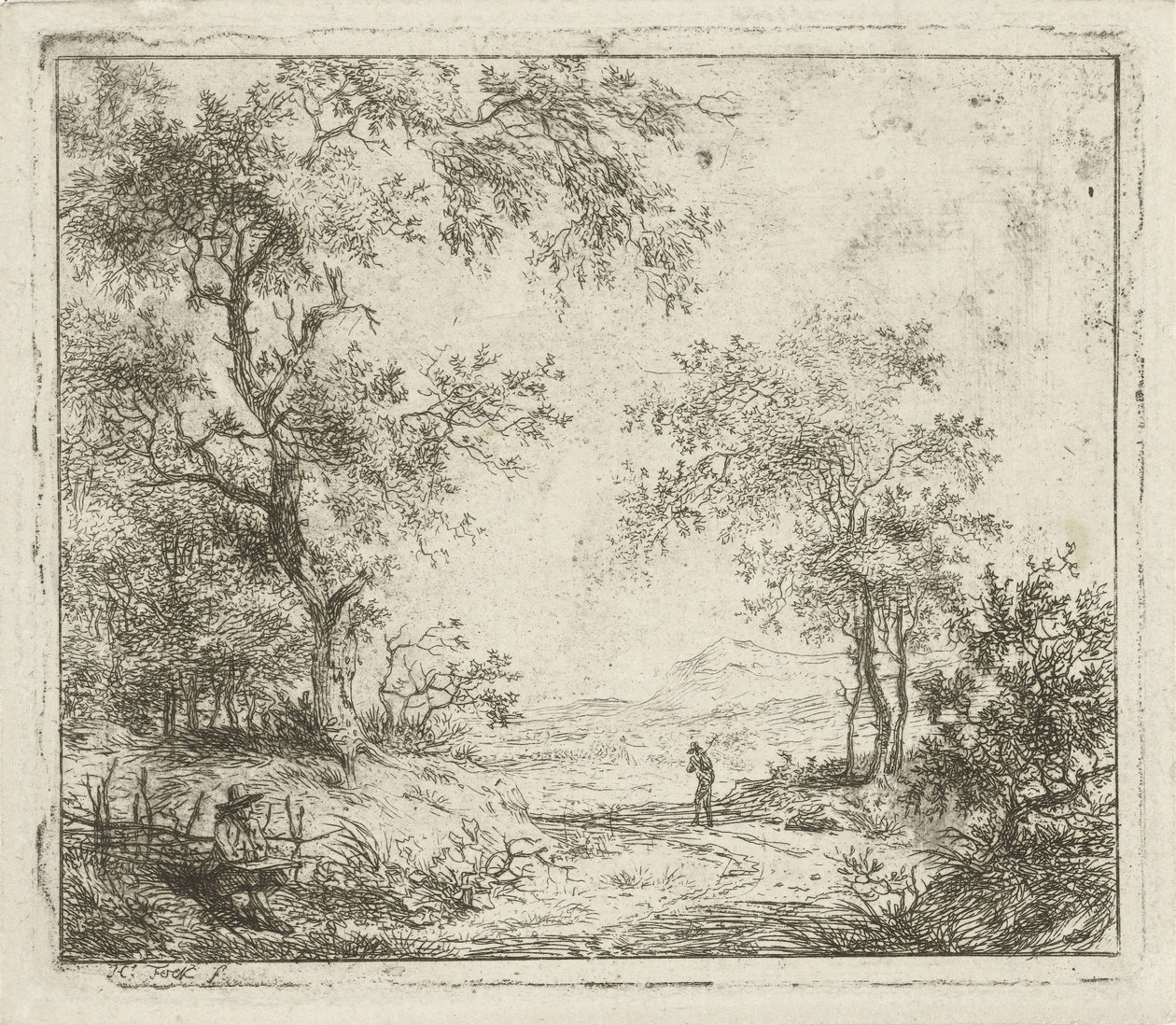 Landschap met tekenaar en wandelaar door Hermanus Fock